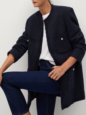 ♥️Mango Navy Tweed Long Jacket Coat Frayed Trim Parisian Style Size S